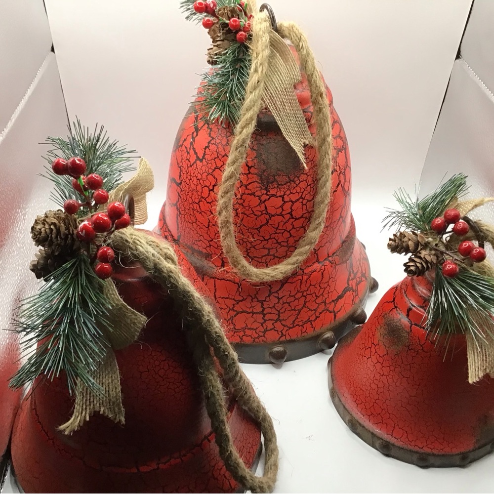 Red Holiday Decor Bells with Greenery and Berries